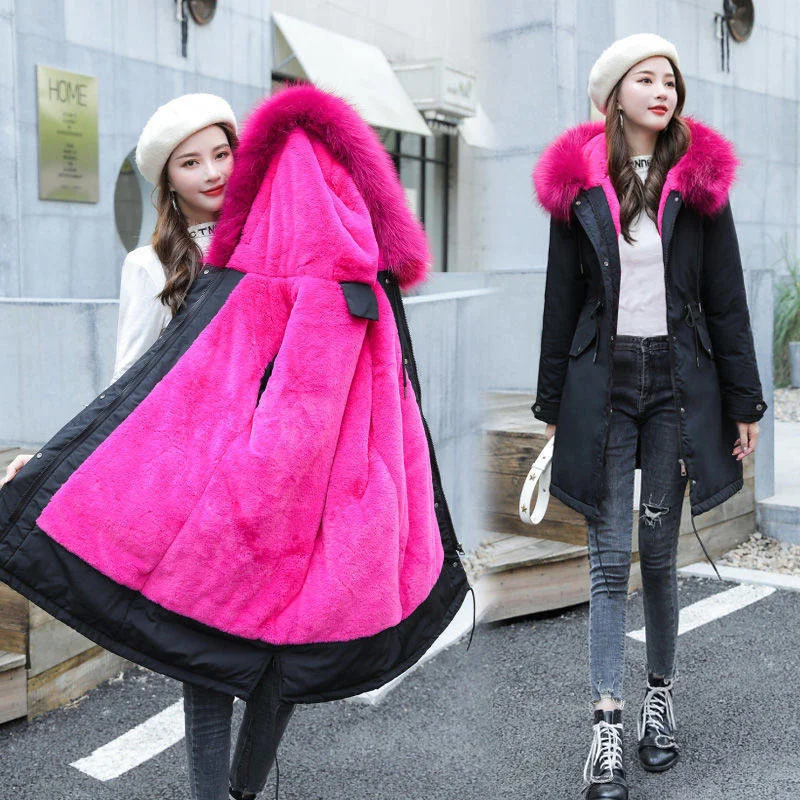

overcome cotton padded clothes winter down cotton padded clothes women's middle and long Korean large wool collar