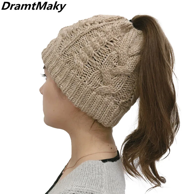 Женская трикотажная шапка хвост мягкая однотонная теплая шапка|Женские Skullies и