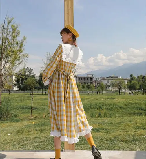 

NONSAR Navy Collar Dress Japanese Navy Style JK Mid-Length Bow Knot Plaid College Style Autumn And Winter New Wild