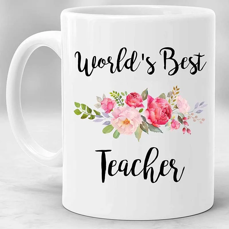 White Ceramic World's Best Teacher Coffee Mugs Office Cups with Flowers 11 Ounce Funny Gift for Women Men Family Friends Co | Дом и сад