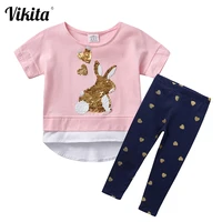 vikita children cotton sets kids sequins rabbit tops heart design o neck t shirt and pencil pants toddlers summer clothing