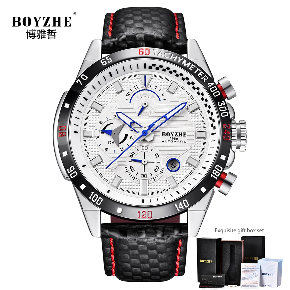 

BOYZHE Luxury Brand Sports Automatic Watch Men Leather Chronograph Mechanical Watches Waterproof Self Winding horloge heren 2019