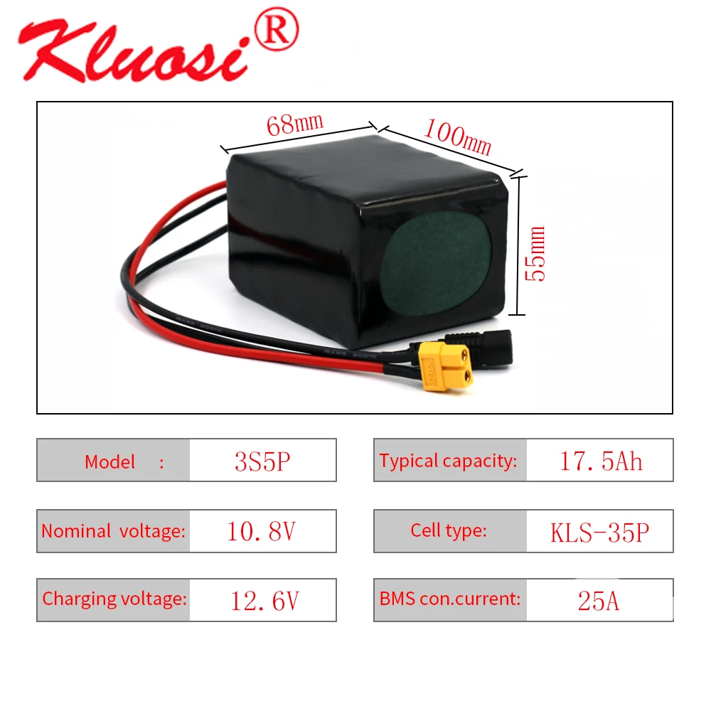 

KLUOSI 3S5P 12V 17.5Ah 10.8V 18Ah 12.6V Lithium Battery Pack 250Watt High Power for Motor Scooter Light Etc with 25A BMS XT60