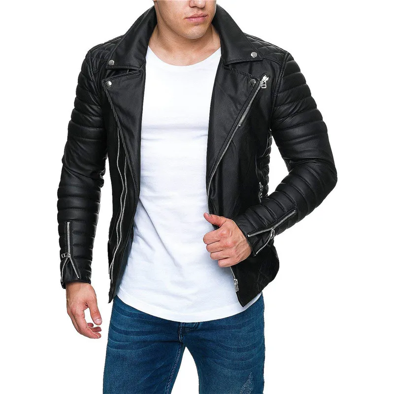 

Mens Designer PU Leather Jacket Motorbiker Turndown Collar Zippers Slim Fit Coats Jackets