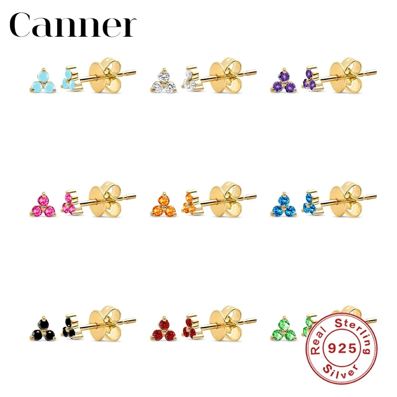 

Canner 100% 925 Sterling Silver Stud Earrings For Women Colorful Lucky Stone CZ Earings Piercing Pendientes Plata 925 Aretes W5