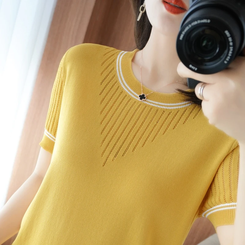 

100% cotton thin short-sleeved sweater 2021 summer new style women's round neck pullover half-sleeved T-shirt hollow large size