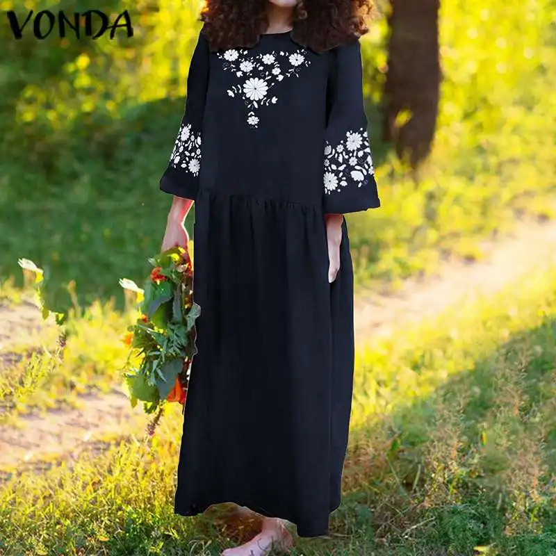 VONDA, праздничное платье, сарафан, женское повседневное свободное винтажное платье с рукавом 3/4 и цветочным принтом, богемное летнее платье размера плюс