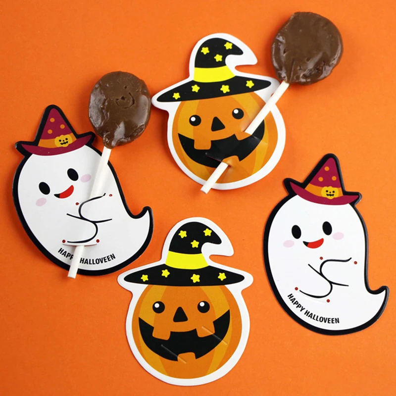 

50pcs Ghost Pumpkin Style Halloween Gift Candy Decorations Paper Lollipop Card
