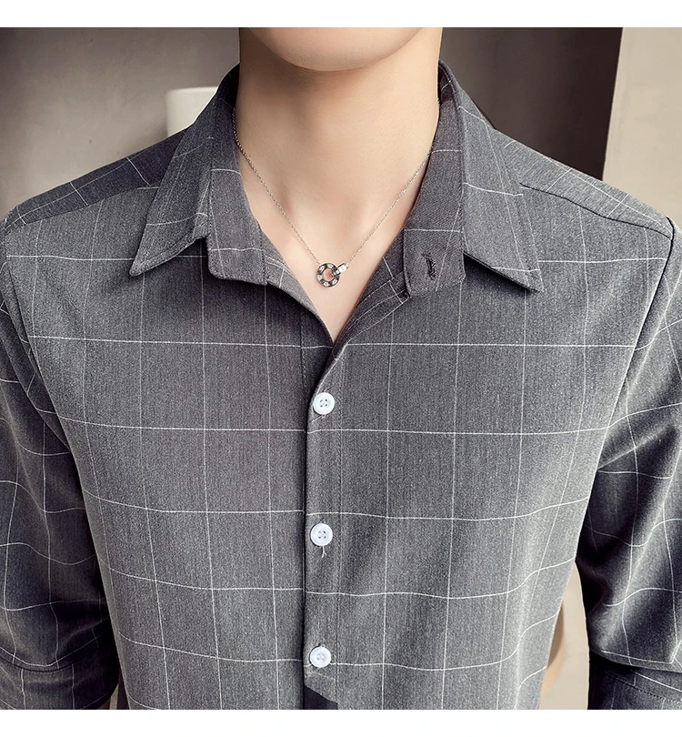 

Men Korean Short Sleeve Dress Shirt 2021 Mens Summer Thin Soft Plaid Casual Three Quarter Shirts Streetwear