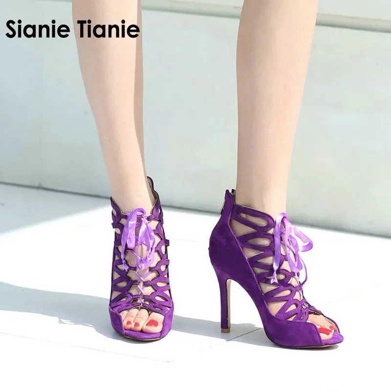 Женские босоножки на высоком каблуке с открытым носком шнуровке|Боссоножки и