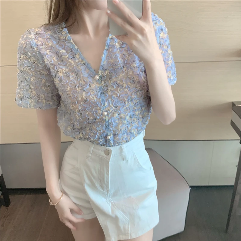 

Women's Summer Clothes Vintage French Style Chiffon Crop Top Sexy V Neck Slim Elegant Floral Blouse M322