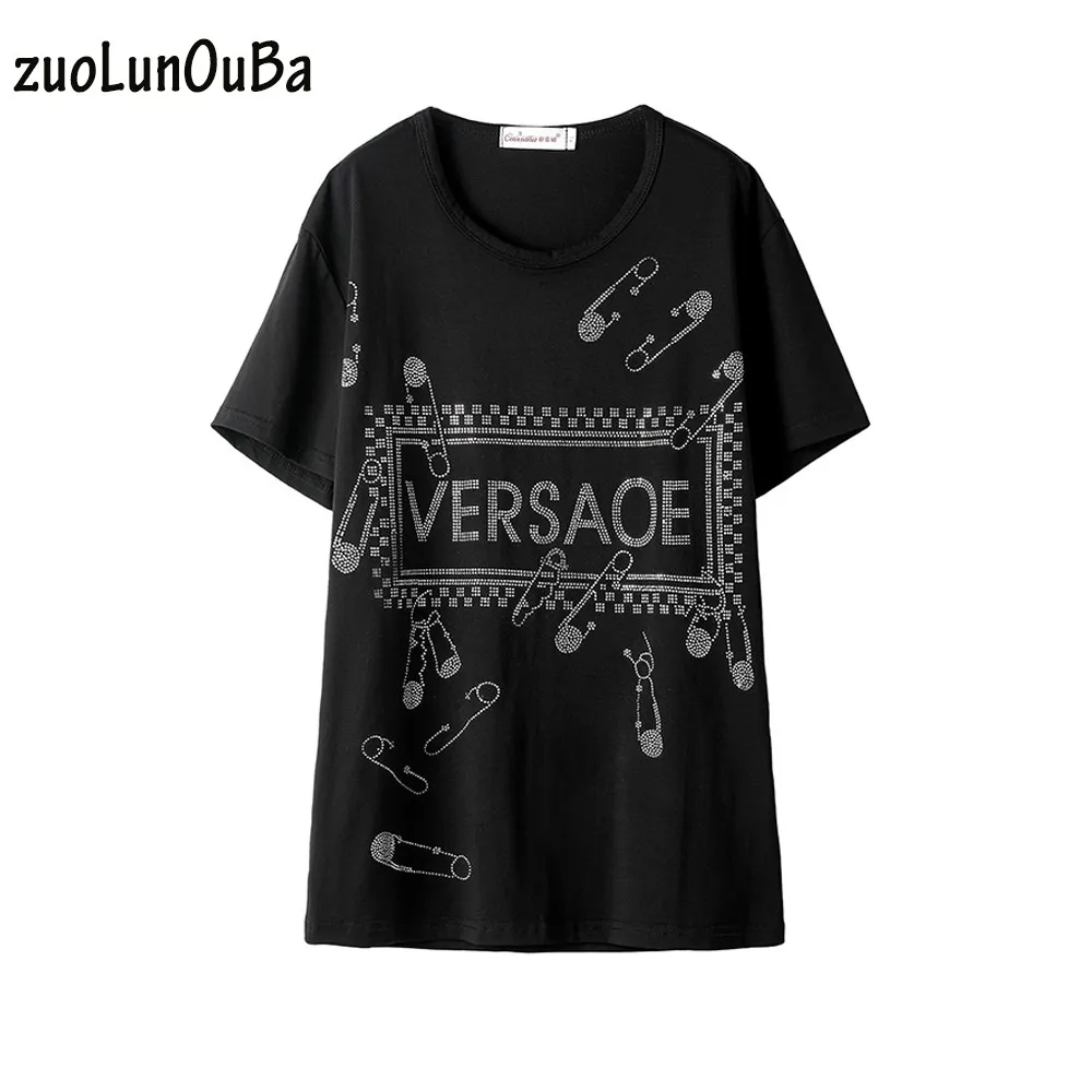 

Летняя модная женская одежда ZuoLunOuBa, черная футболка с коротким рукавом и стразами