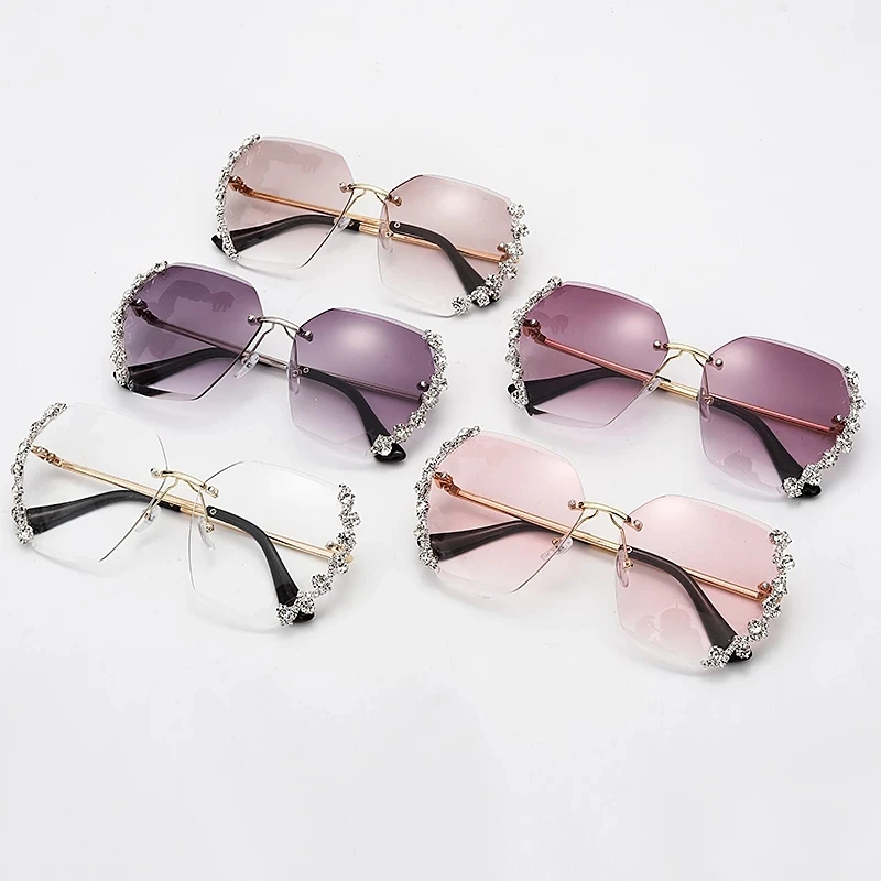 

Diamond rimless sunglasses ladies luxury trim gradient shaded sunglasses ladies retro rimless glasses UV400