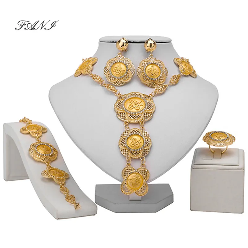 

Fani 2019 Fashion Nigerian Wedding woman accessories Jewelry Set Brand Dubai Gold Colorful Bridal Jewelry set Wholesale