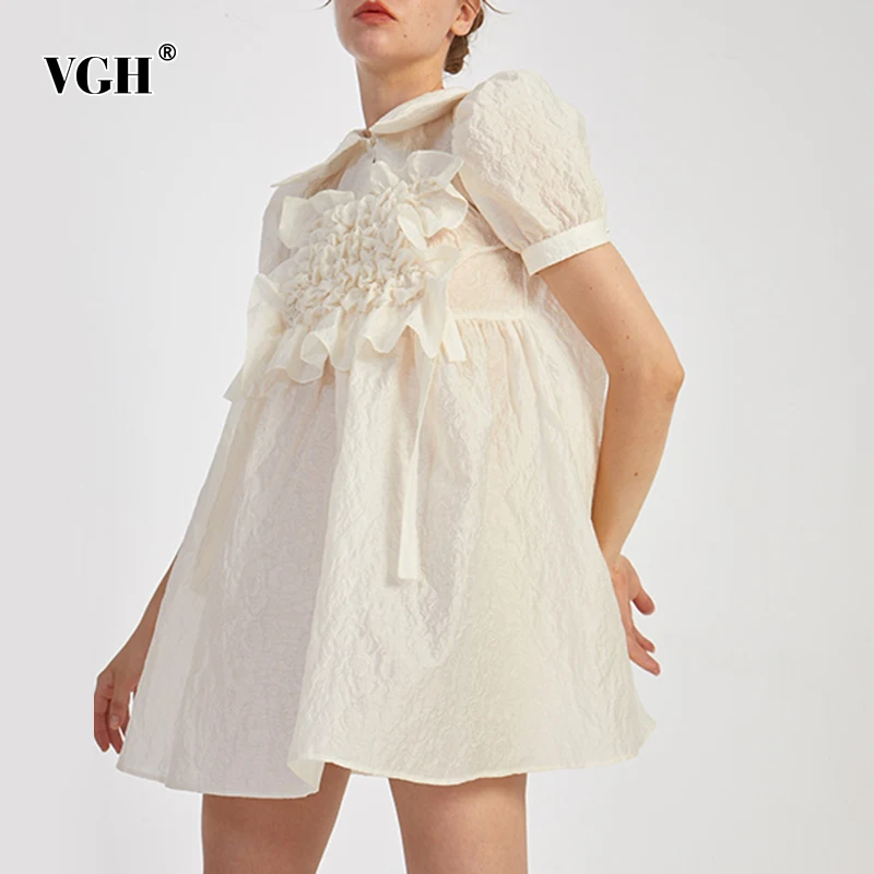 

VGH Apricot Sweet Dress For Women Lapel Puff Short Sleeve Solid Loose Casual Mini Dresses Female 2021 Summer Fashion Clothes New