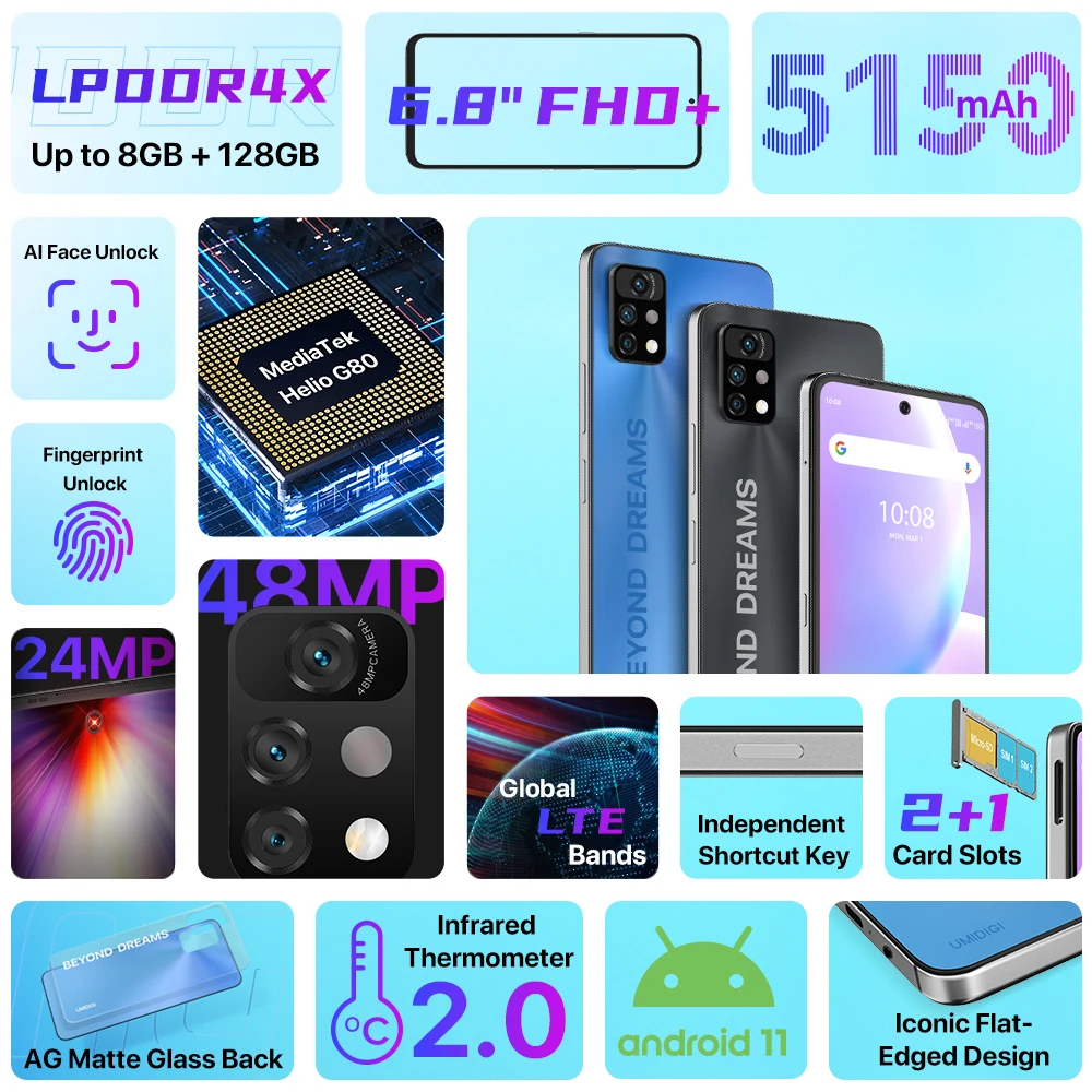 UMIDIGI-tel&eacute;fono inteligente A11 Pro Max versi&oacute;n Global, Smartphone con Android 11, pantalla FHD de 6,8 pulgadas, 128GB, Helio G80, Triple c&aacute;mara de 48MP, 5150mAh-1