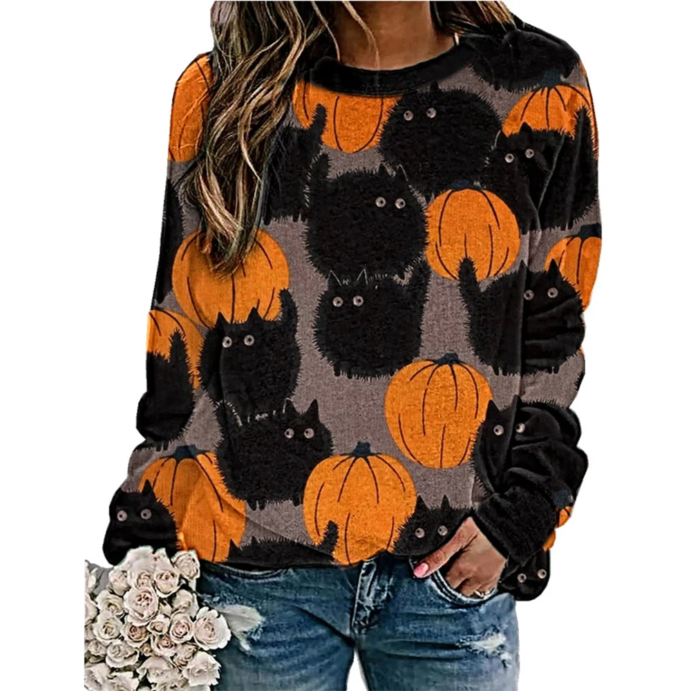 

Female O Neck Pullovers Halloween Winter Casual cute Print Loose Fall Pullovers Vintage Long Sleeve Girls Sweatshirts