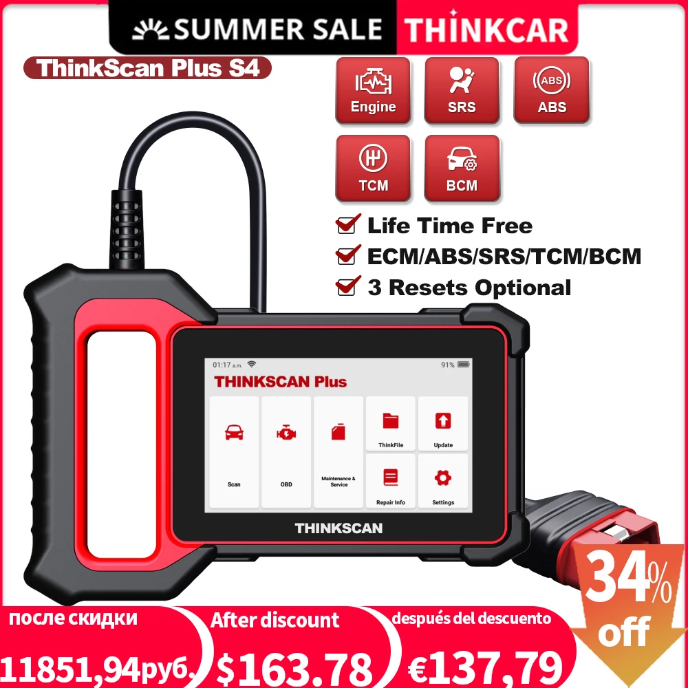

THINKCAR THINKSCAN PLUS S4 ABS/SRS/ECM/TCM/BCM System Diagnostic Tools OBD2 Automotive Scanner obd2 Coder Reader