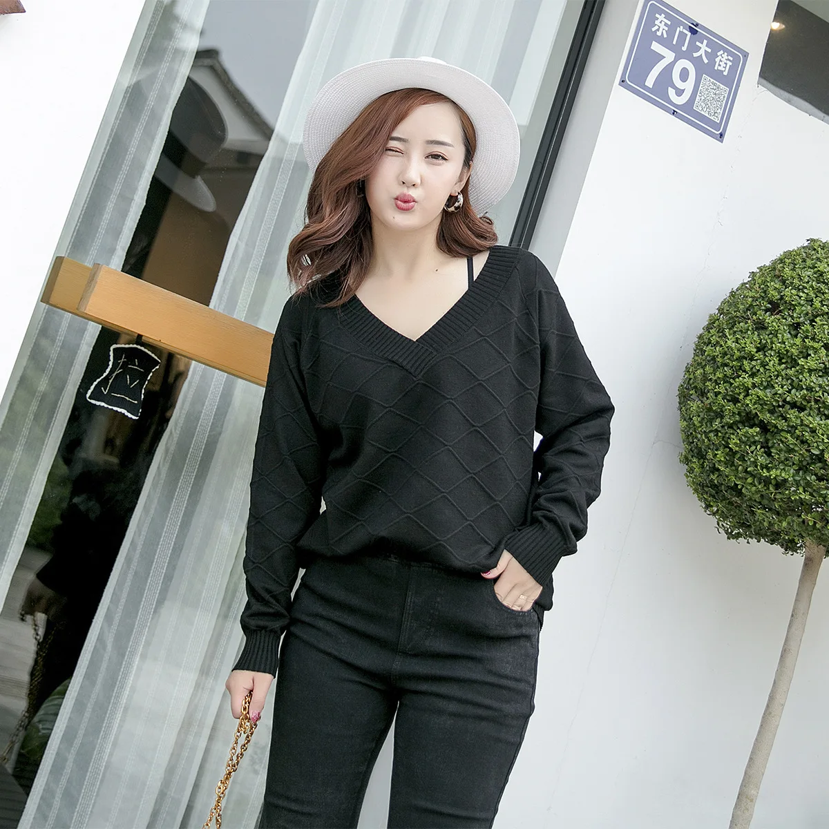 Осенне-зимние свитера для женщин Свободный вязаный свитер с v-образным вырезом