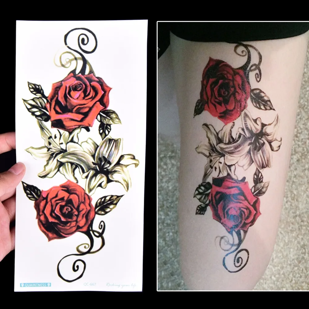 

10*20cm 3D stereo Rose Flower Tattoos Sticker Body Art Big Red Flowers Circle Design Temporary Fake Flash Tattoo Sticker