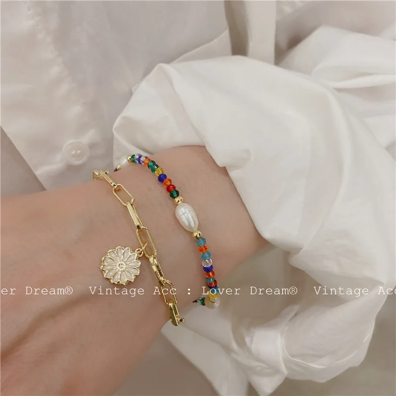

High Quality Retro Geometric Double Chain Bracelets for Women Colorful Beaded Flower Bracelet Girlish Color Bracelet Wholesale