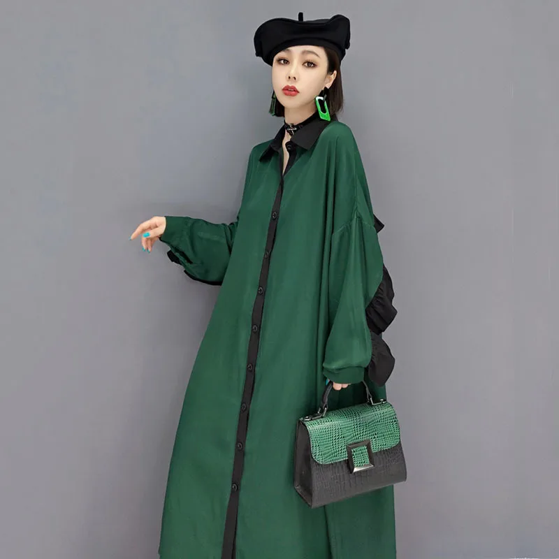 

SHENGPALAE Contrast Color Shirt Dress Women's Autumn 2021 New Lapel Loose Single Breasted Long Sleeve Mid-calf Dresses Female