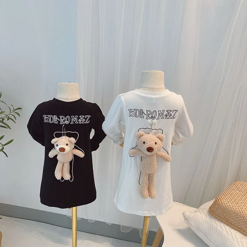 

New 2020 Girls Long Sleeve T-shirt Autumn Casual Letter Print Bear Mid-length Tshirt for Girl Child Clothes Girl Tops New Style