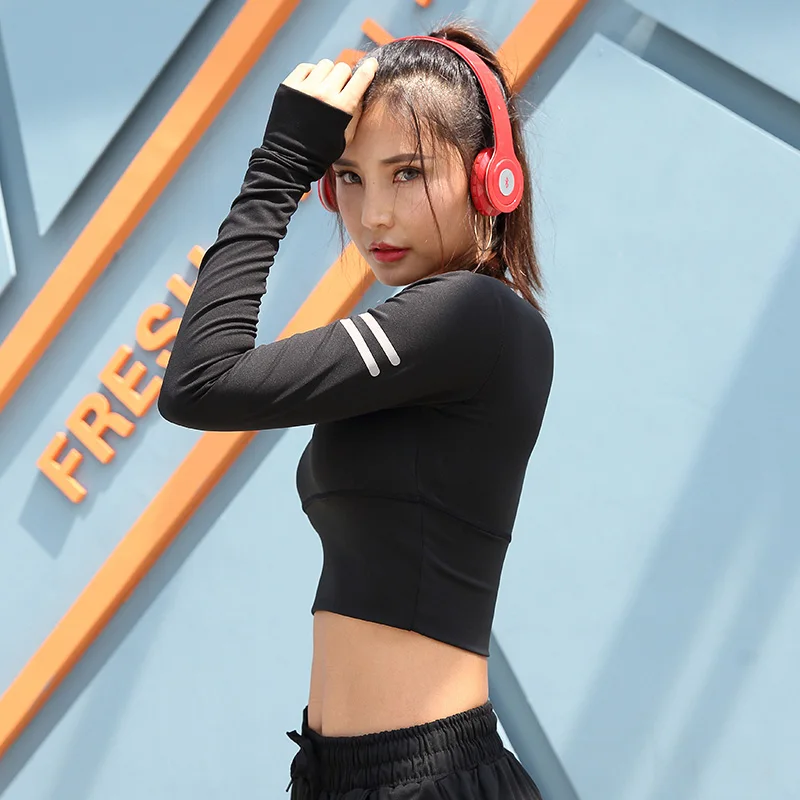 Женский укороченный Топ с длинным рукавом Nessaj черный облегающий Повседневный в