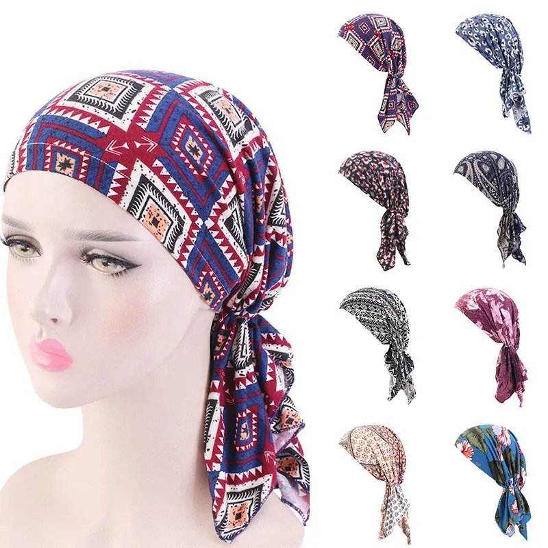 

Ethnic Style Cotton Turban Cap Pre-Tied Head Scarf Women Stretch Printed Turban Cap Muslim Chemotherapy Hat For Hair Accessories