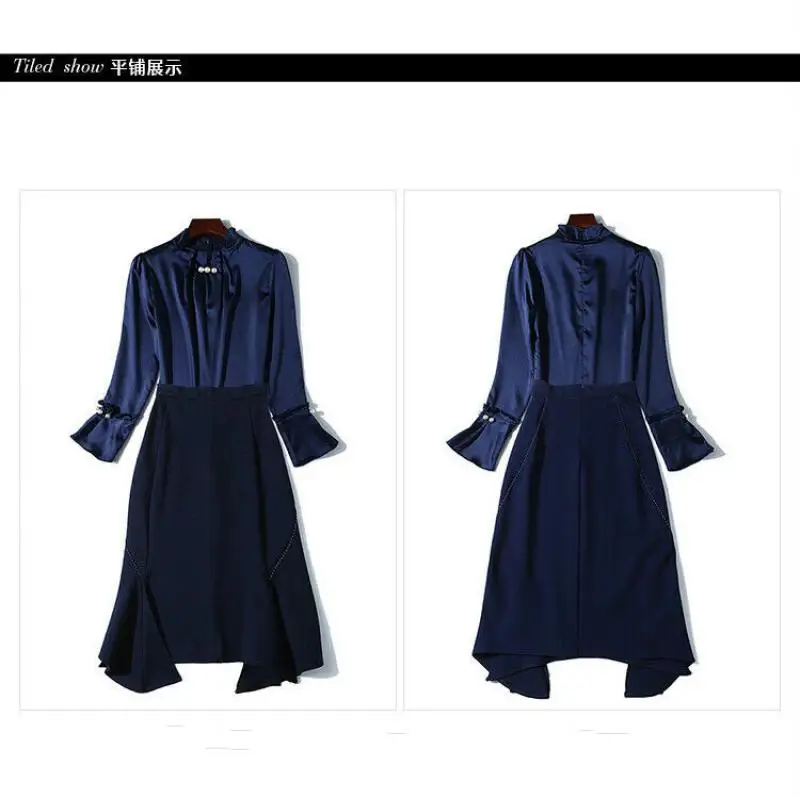 Весенние женские модные свободные костюмы из топа с рукавом мандарином и юбки