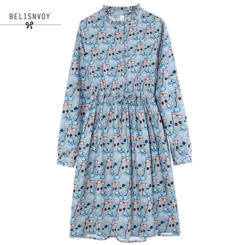 Женское платье с оборками на воротнике голубое хлопково-льняное цветочным