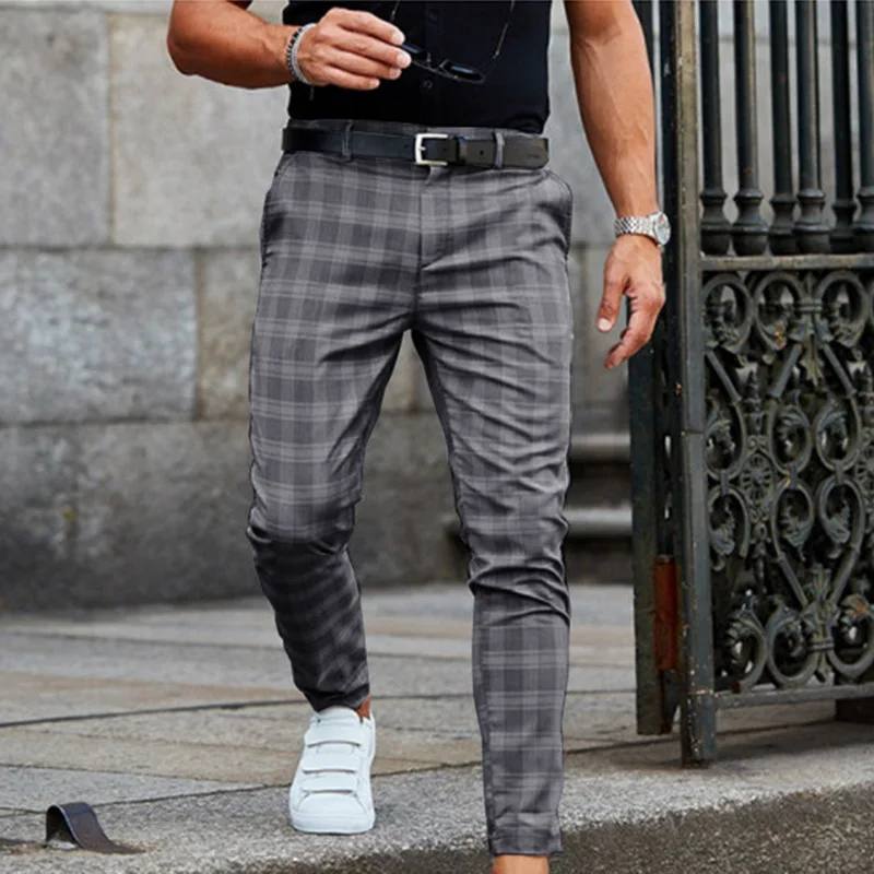 

2021 New Mens Pants Casual Mens Trousers Skinny Stretch Mens Chinos Pants Slim Fit Mens Casual Pant Plaid Check Pantalones Male