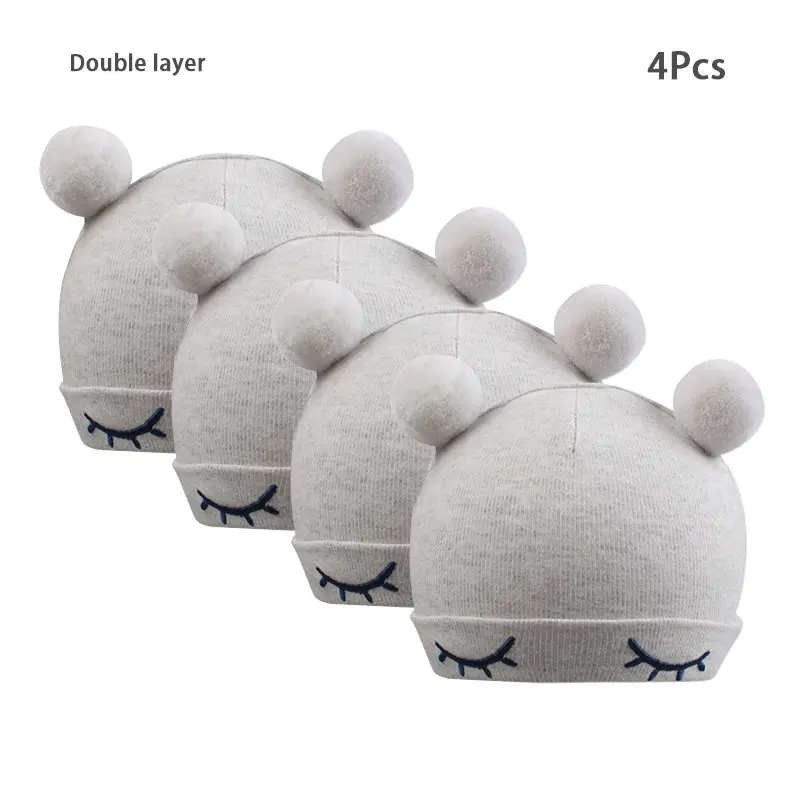 Double Gray Ball4 Милая шапочка для новорожденных; хлопковая однотонная шапка для новорожденных мальчиков; шапка с медвежьими ушками и кроличьими ушками для маленьких девочек; шапочка для новорожденных; сезон весна-лето - Цвет: Double Gray Ball4