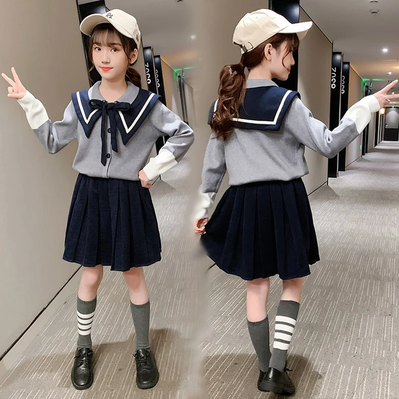 

5-14 years old girl dress suit knitting dress spring dress Navy LAPEL SUIT dress Girl Dress Girl dress fashion versatile dress