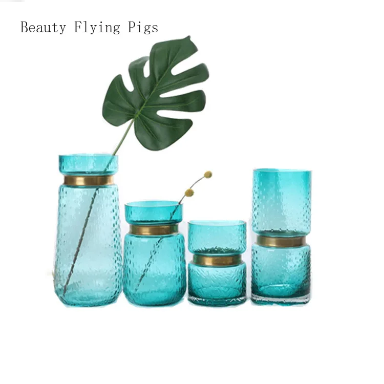 Прямая продажа светильник Роскошная синяя ваза с цветочной текстурой стеклянная