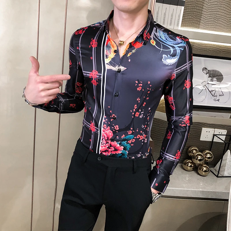 Рубашка мужская Цветочная с длинным рукавом модная уличная одежда смокинг