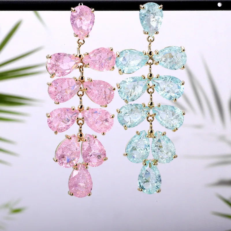 

Ice Crack Cubic Zirconia Leaf Earrings for Women Shining Crystal Statement Dangle Earings Luxury Jewellery