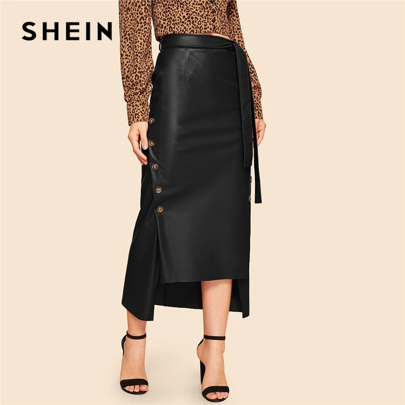 SHEIN Двубортная Асимметричная PU Юбка В Стиле 60 Х Годов С Поясом Женская Осенняя