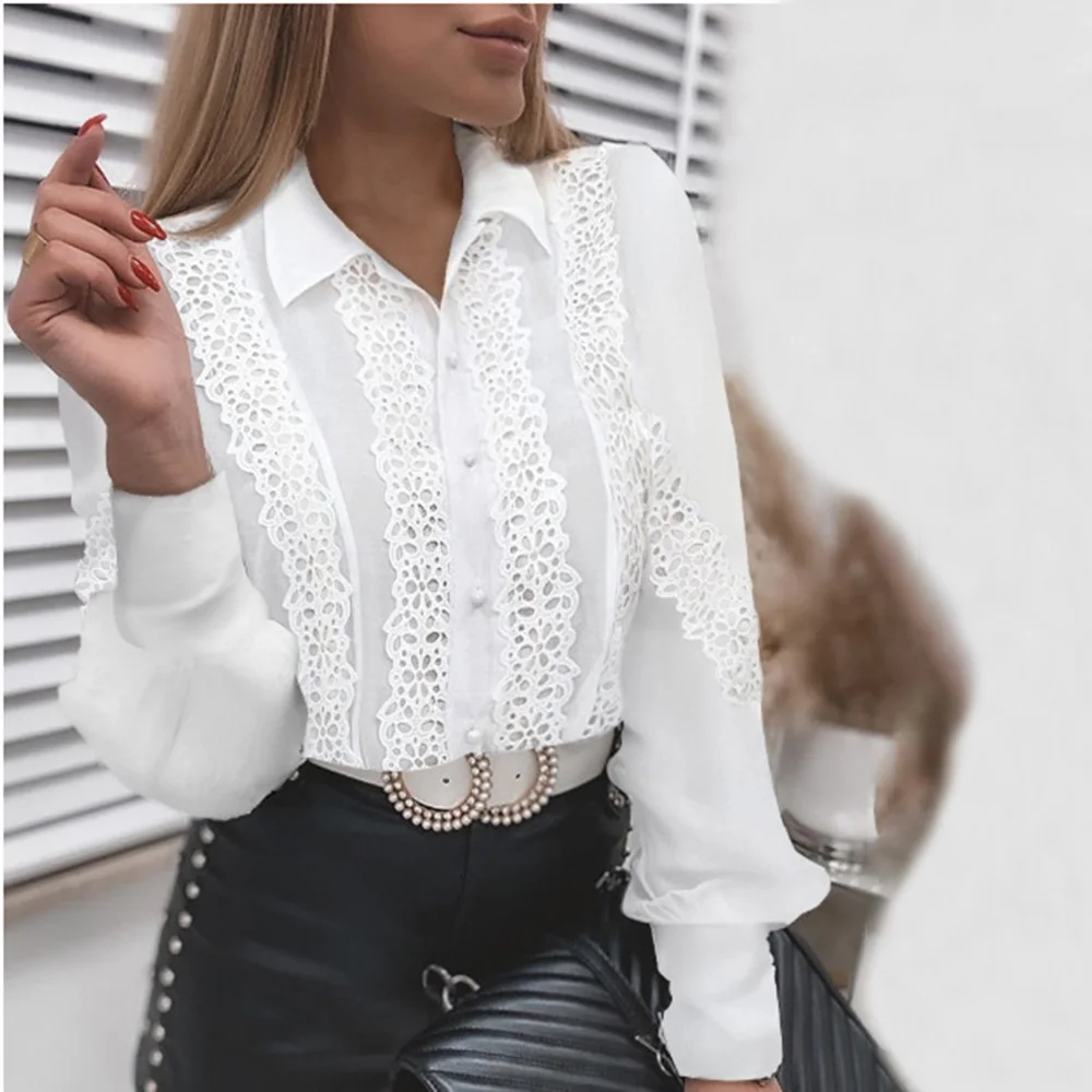 

Summer Sexy Lace Patchwork Hollow Office work Womens T-shirt Long Sleeve Cardigan Button Mesh Tops Casual White Women Shirt