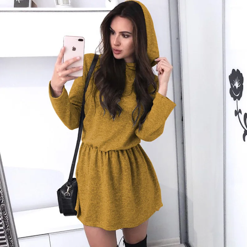 Yellow Осенне-зимнее трикотажное платье с капюшоном, женское сексуальное облегающее мини-платье с эластичной резинкой на талии, элегантные однотонные вечерние платья трапециевидной формы с длинным рукавом Vestido - Цвет: Yellow