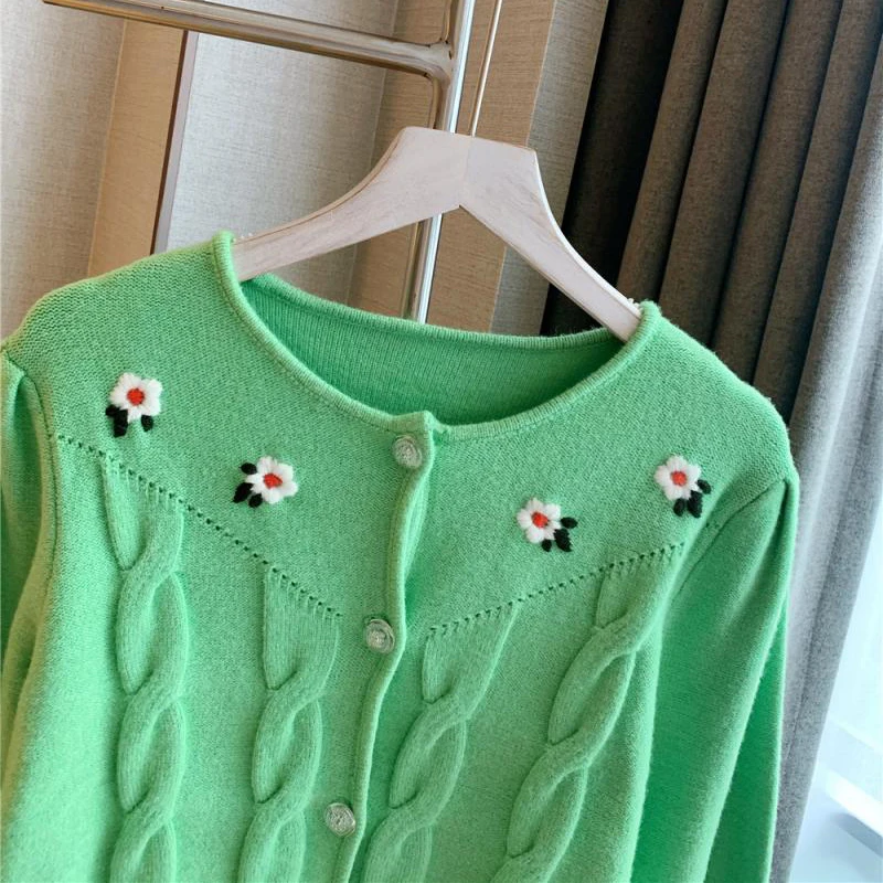 

Brand Designer O-neck Flower Bubble Sleeve Embroidery Long Sleeve Cardigan Jacket Sweater Green Black Vestidos 2020 New Clothing