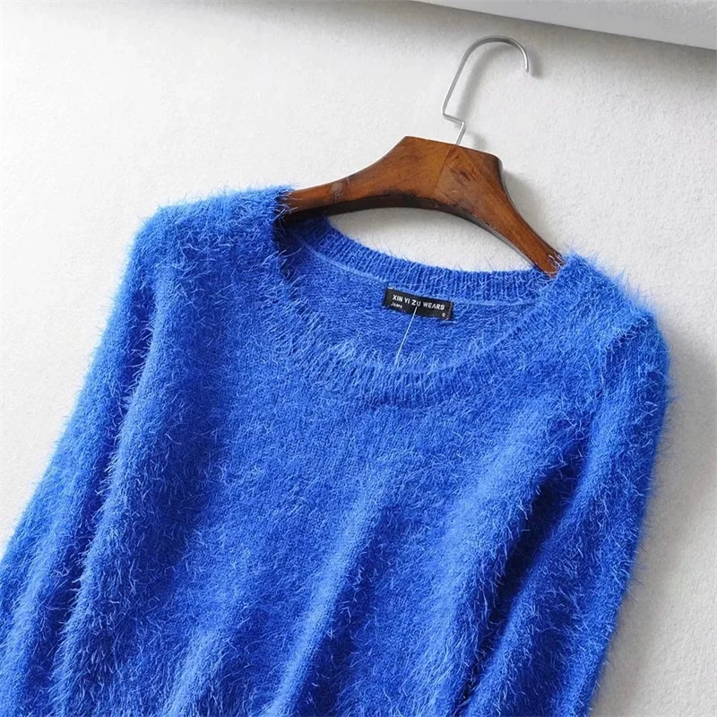 Женский облегающий эластичный короткий пушистый пупок с высокой талией пуловер