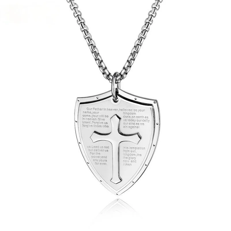 

Megin D Stainless Steel Titanium Cross Knight Shield Vintage Pendant Collar Chains Necklace for Men Women Couple Gift Jewelry Bo
