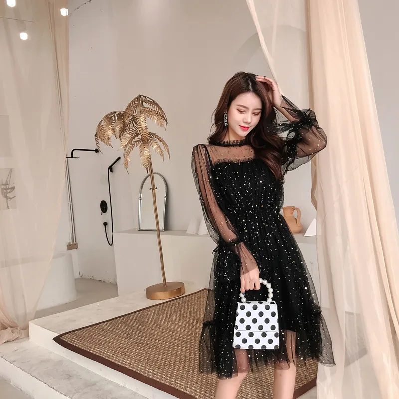 

Spring and Autumn New Style Korean Version of Temperament Mesh Long Elastic Waist Dress
