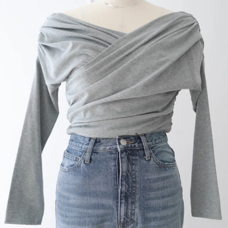 

Sexy Office Ladies Basic Tops Cross V-neck Folds Design Solid T Shirt for Women Japan Style Elegant Half Sleeve Knitted Tees