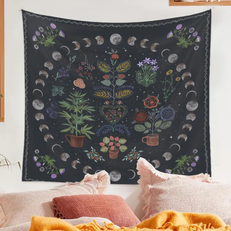 

Moon Phase Tapestry Wall Hanging Botanical Celestial Floral Hippie Flower Wall Carpet Tapestry Psychedelic Room Decor Aesthetic