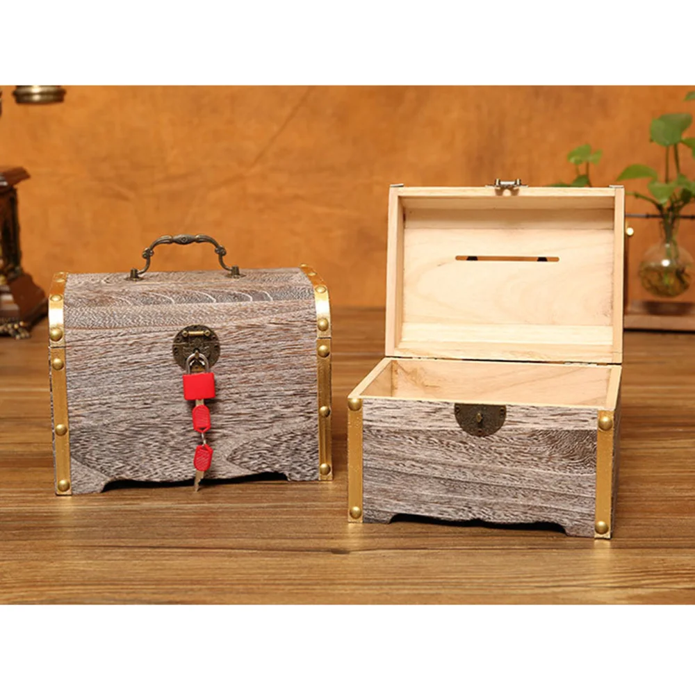

Retro Treasure Box Creative Wooden Piggy Bank Safe Wood Carving Money Box Savings with Lock for Children Teens- Small