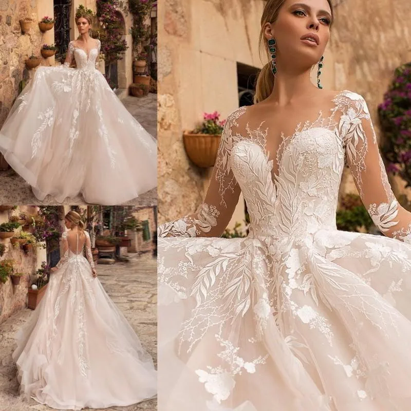

Elegant A Line Custom Wedding Dresses Jewel Neck Long Sleeves Appliqued Bridal Gowns Custom Made Robes De Mariée Sweep Train