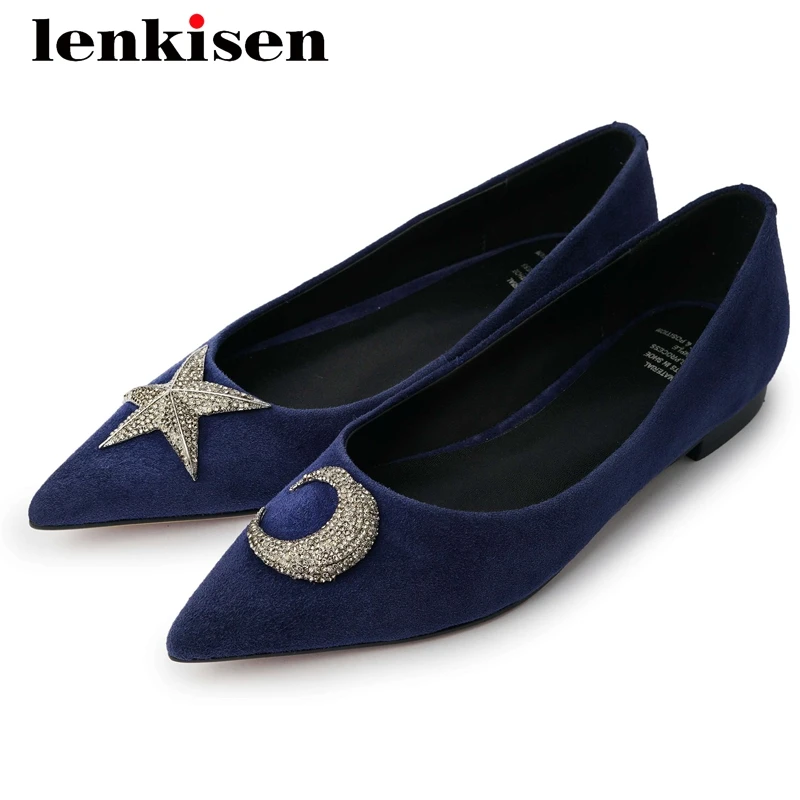 

Lenkisen comfortable sheep suede rhinestone shiny pointed toe low heel slip on classic colors dress mature gentlewomen pumps L19
