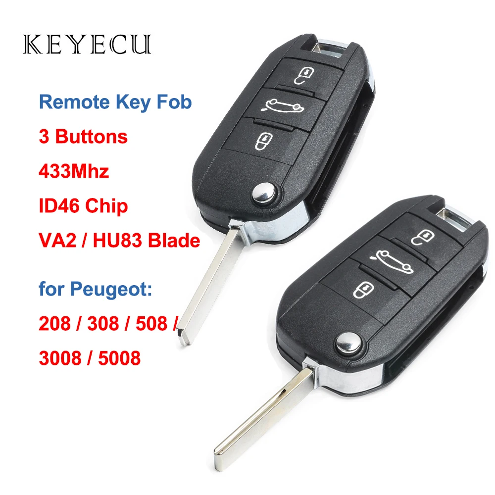 Запасной дистанционный ключ брелок Keyecu с 3 кнопками 433 МГц и чипом ID46 для Peugeot 208 308